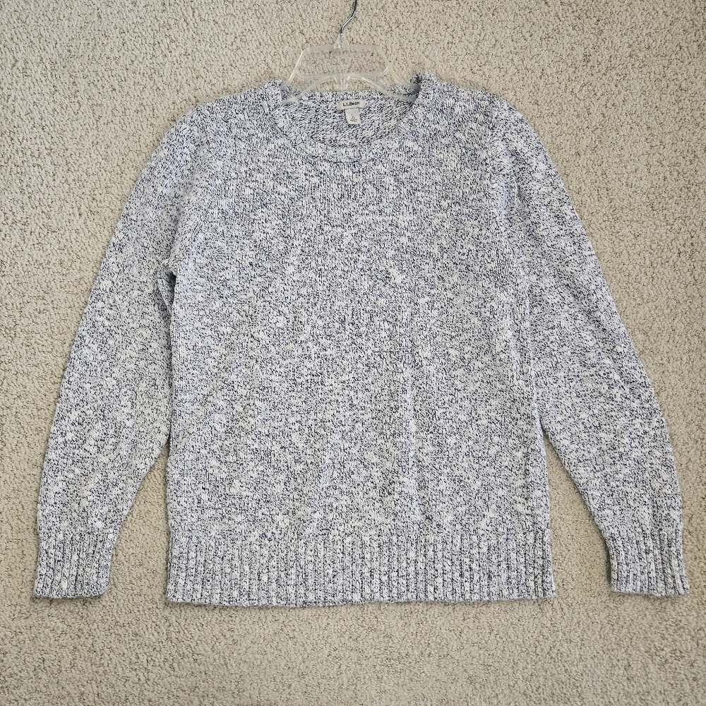 LL Bean Sweater Womens L White Blue Speckled Crew Neck Pullover Cotton Classic